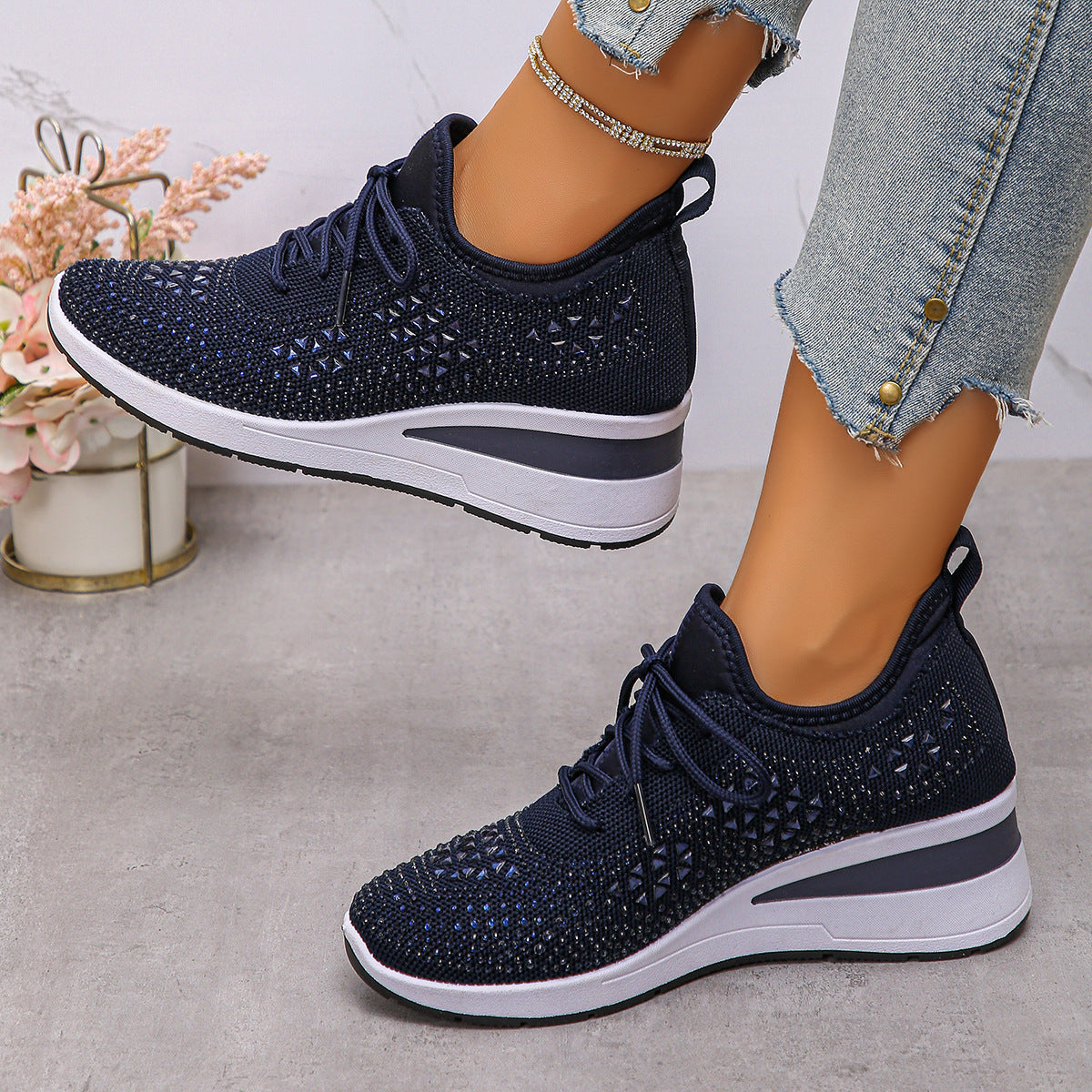 Women's Rhinestone Lace-Up Wedge Sneakers