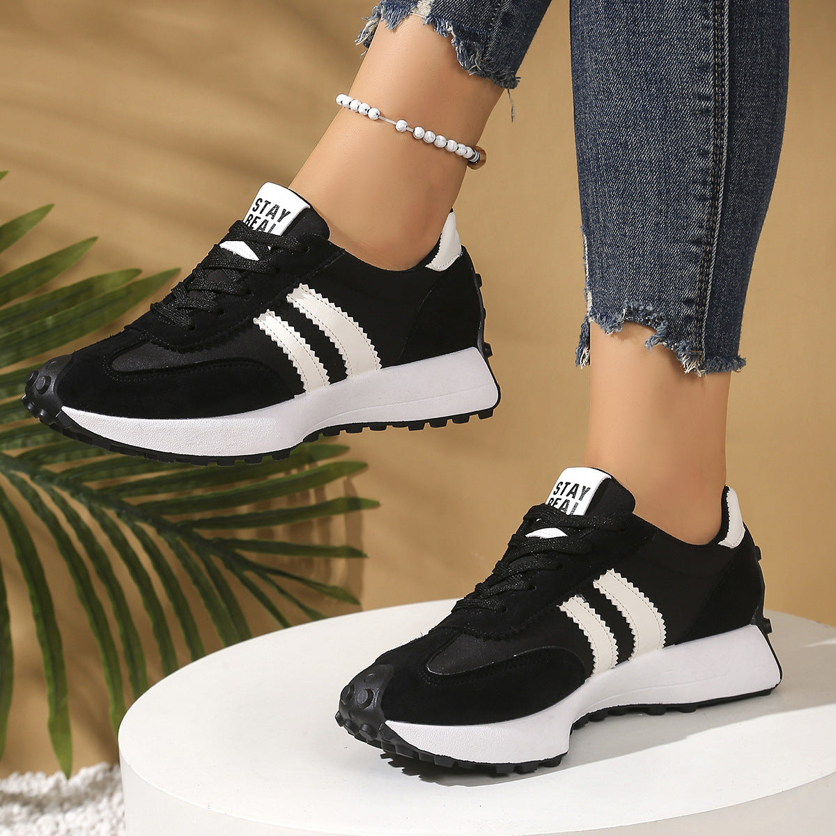 Women's Stripe Thick-Sole Lace-Up Sneakers