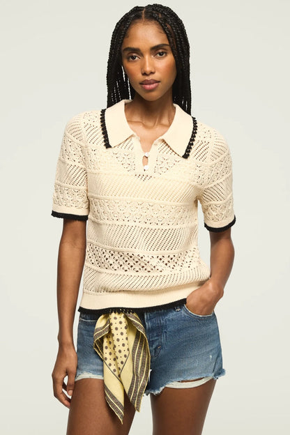 [167220-110] WOMENS LUCKY BRAND LACE POLO SWEATER TEE - WHITECAP GRAY
