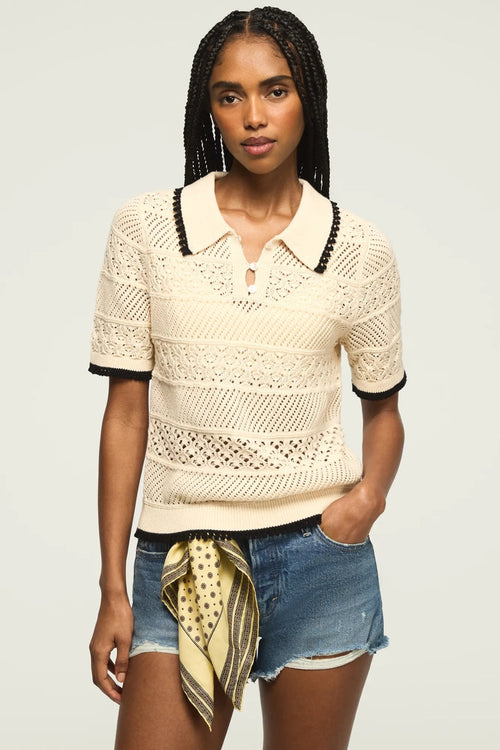 [167220-110] WOMENS LUCKY BRAND LACE POLO SWEATER TEE - WHITECAP GRAY
