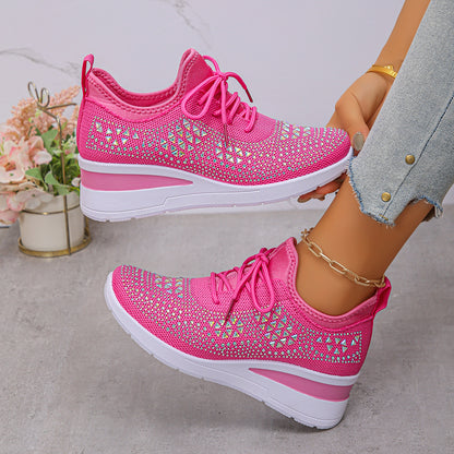 Women's Rhinestone Lace-Up Wedge Sneakers