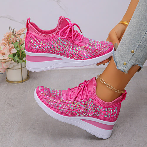 Women's Rhinestone Lace-Up Wedge Sneakers