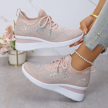 Women's Rhinestone Lace-Up Wedge Sneakers