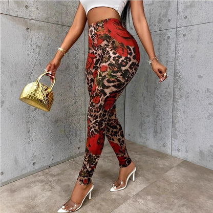 Womens Floral Print Stretchy Waist Leggings