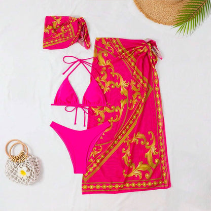 Vintage Print Lace-up Bikini Swimsuit Three-piece Suit
