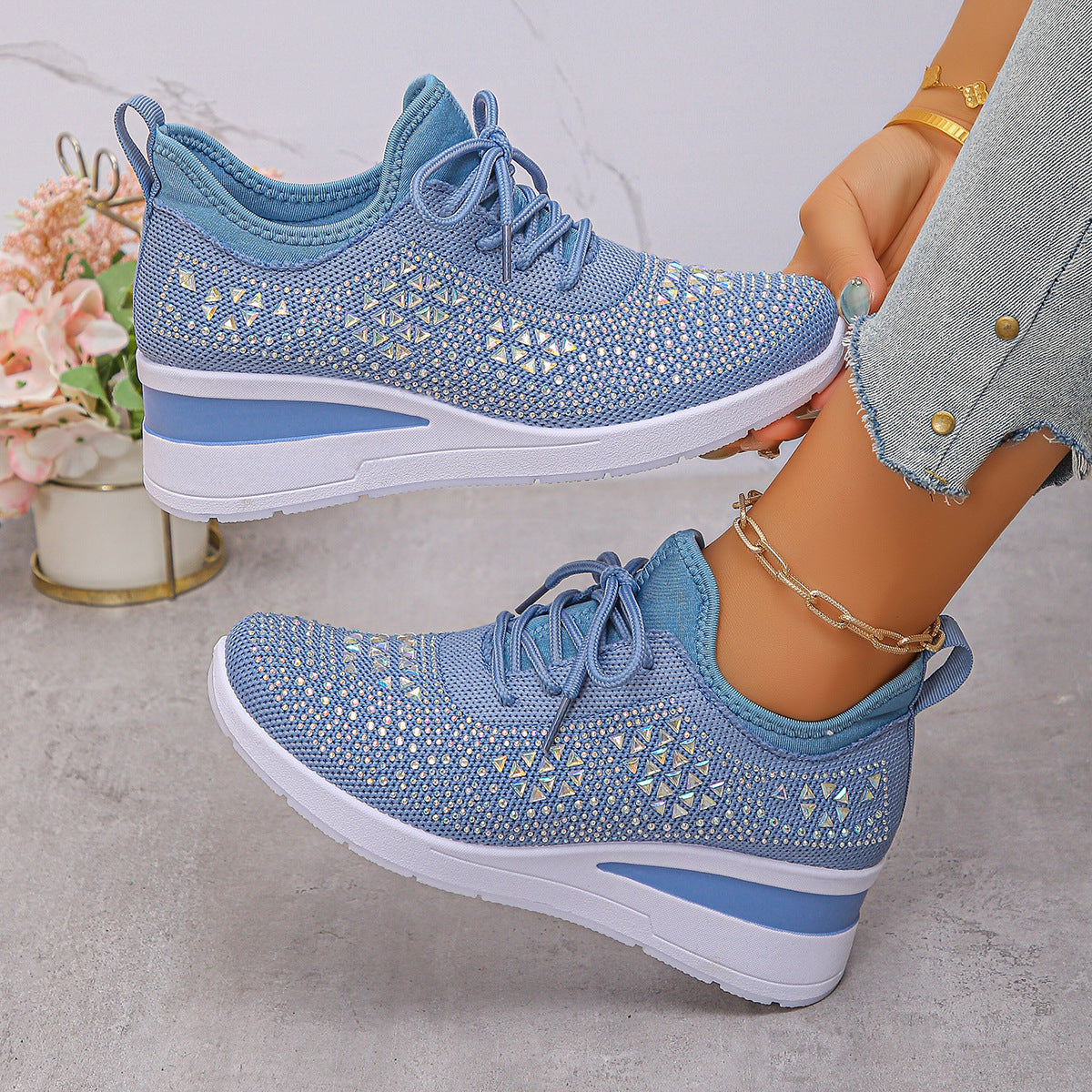 Women's Rhinestone Lace-Up Wedge Sneakers