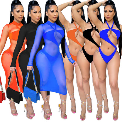 Sexy Swimsuit Solid Color Net Yarn Suit Nightclub Two-piece Suit