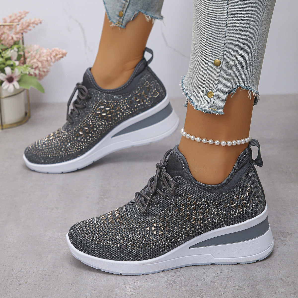 Women's Rhinestone Lace-Up Wedge Sneakers