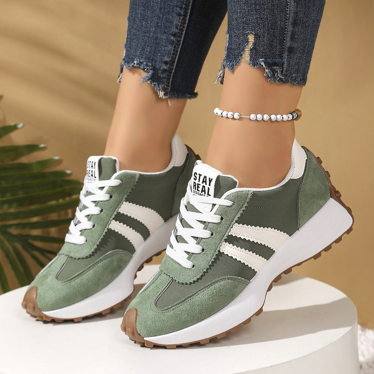 Women's Stripe Thick-Sole Lace-Up Sneakers