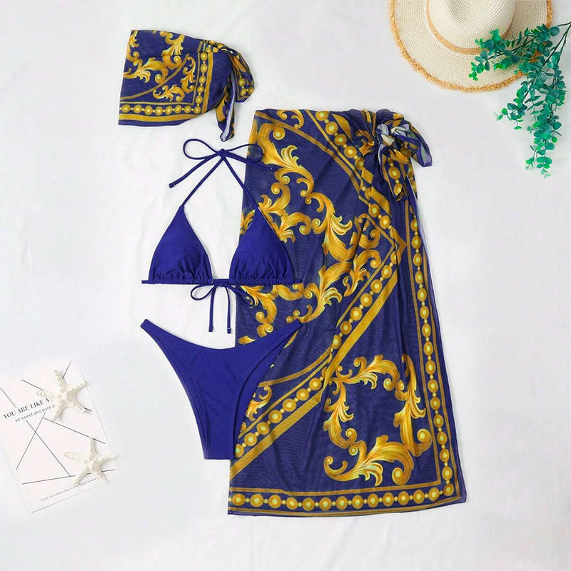 Vintage Print Lace-up Bikini Swimsuit Three-piece Suit