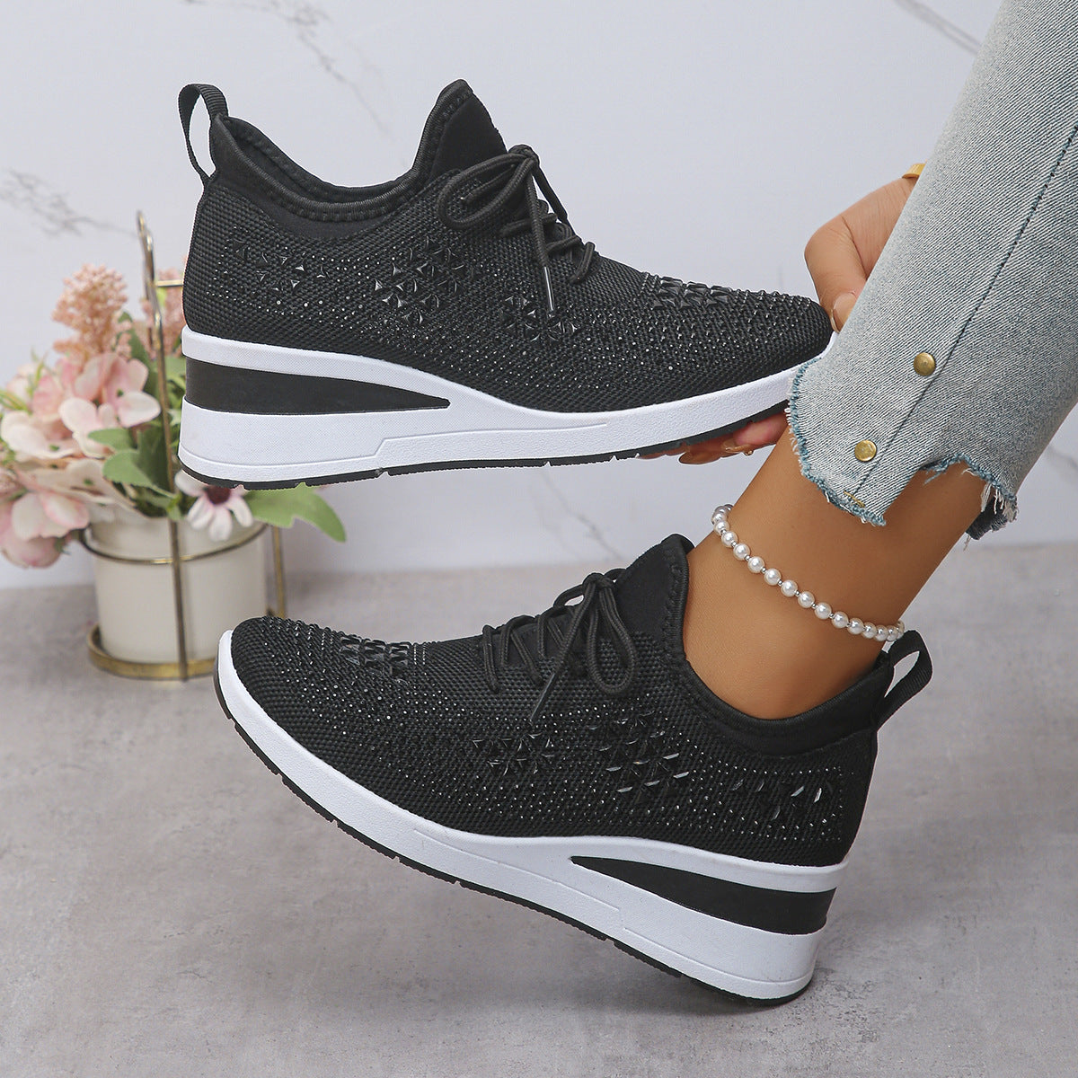 Women's Rhinestone Lace-Up Wedge Sneakers