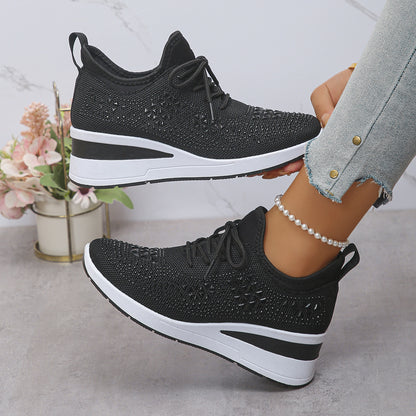 Women's Rhinestone Lace-Up Wedge Sneakers