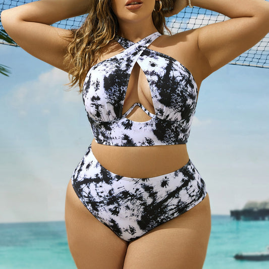Cross Collar Random Printed Bikini Swimsuit Suit