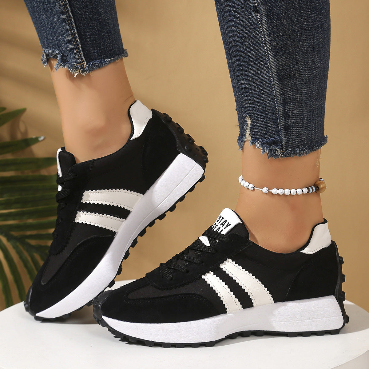 Women's Stripe Thick-Sole Lace-Up Sneakers