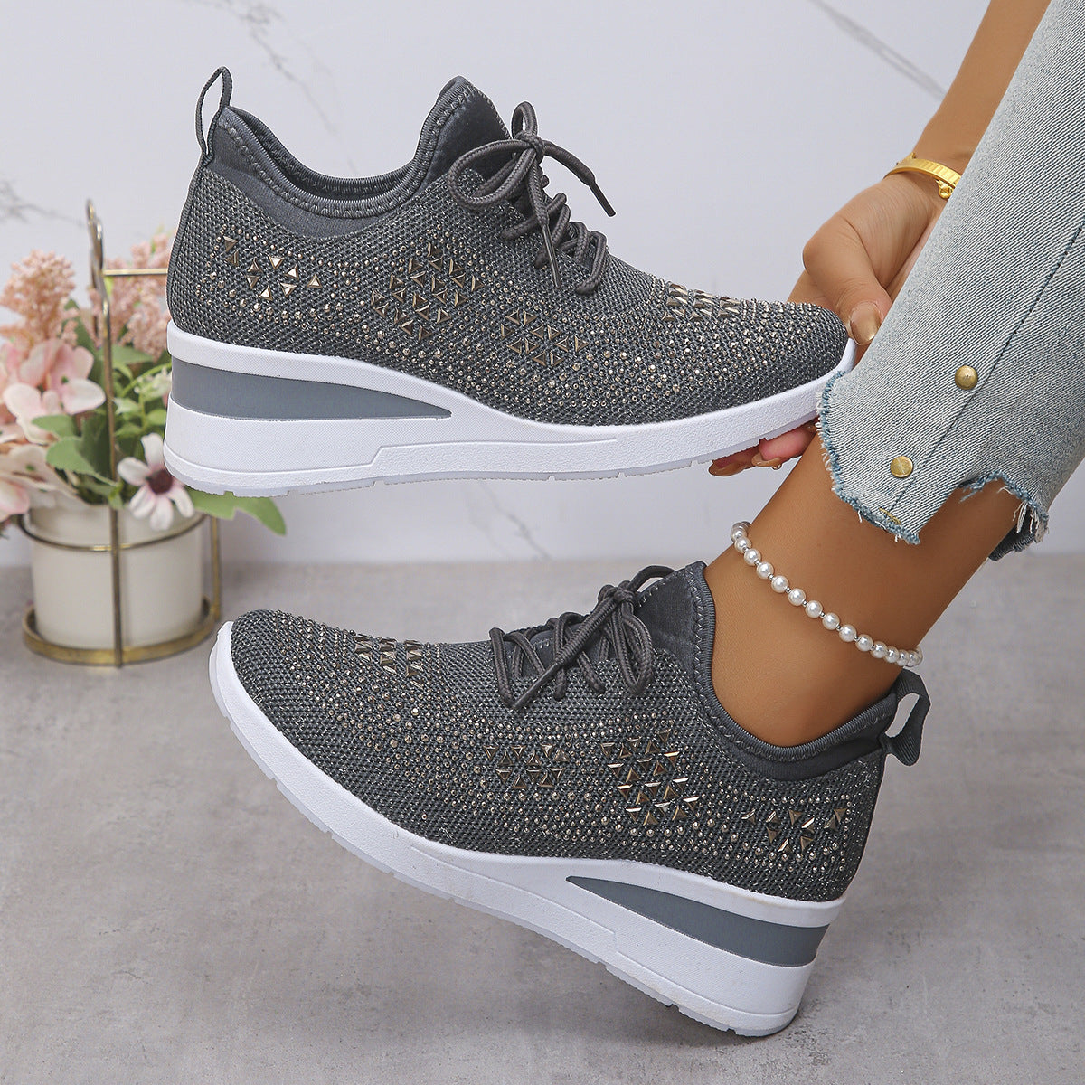 Women's Rhinestone Lace-Up Wedge Sneakers
