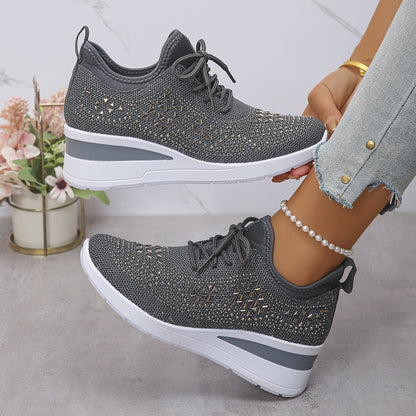 Women's Rhinestone Lace-Up Wedge Sneakers
