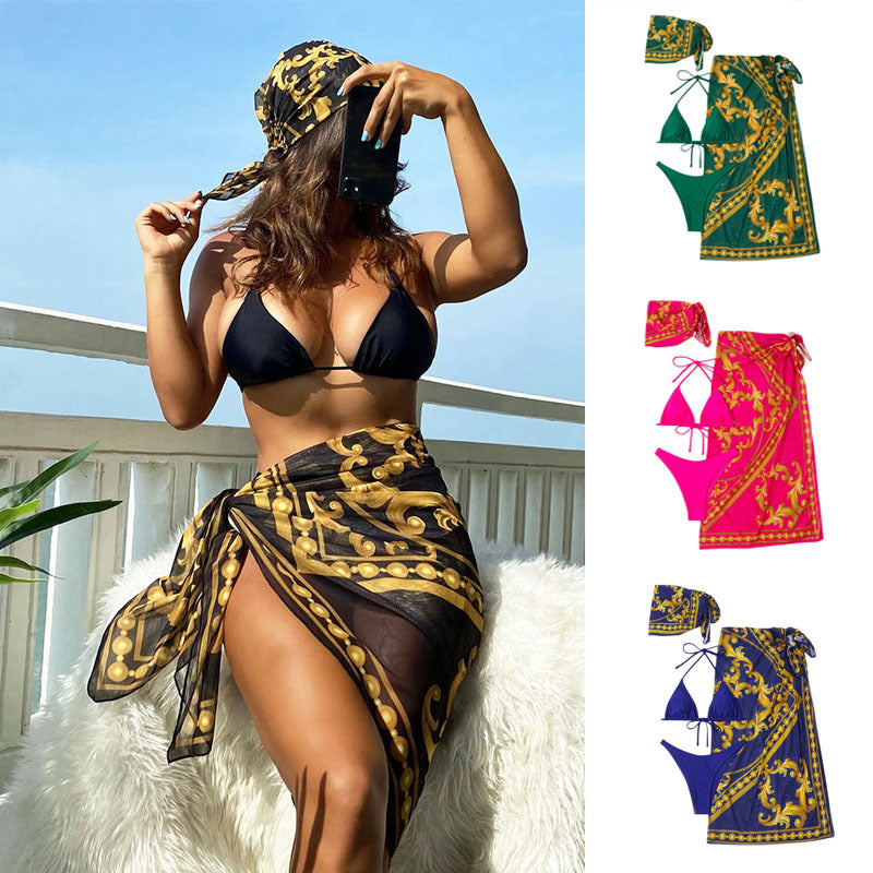 Vintage Print Lace-up Bikini Swimsuit Three-piece Suit